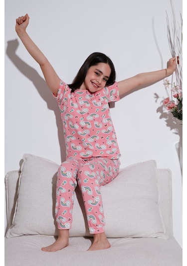 Lela % 100 Pamuk Bisiklet Yaka Kısa Kollu Kız Çocuk Pijama Takımı 6651004 Pembe