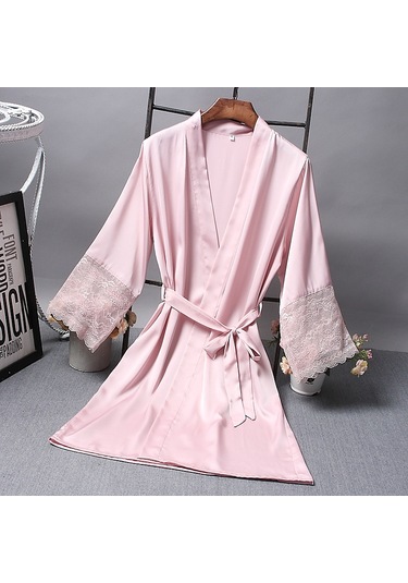 Sones Bornozlar Zarif Pijama Dantel Kadın Elbise Kimono İpek Bornoz Pembe