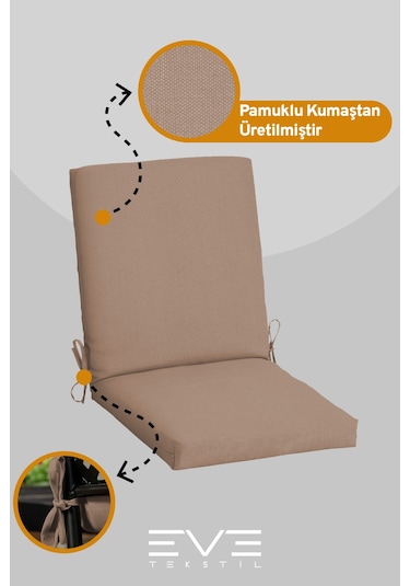 Eve Tekstil Bahçe - Salon - Balkon Arkalıklı Fermuarlı Bağlanabilir Yıkanabilir Sandalye Minderi 10 Adet Açık Kahve