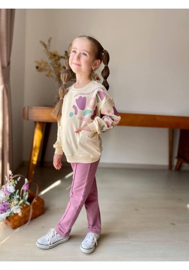 Kız Çocuk Kalp Baskılı 2'li Takım. Pamuklu Mükemmel Kalite Mor