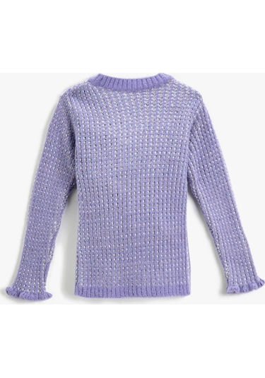Koton Ribanalı Dokulu Örgü Kazak Yuvarlak Yaka Uzun Kollu Kolları Fırfır Detaylı Lila 3wkg90031ht 3WKG90031HT370 Lila