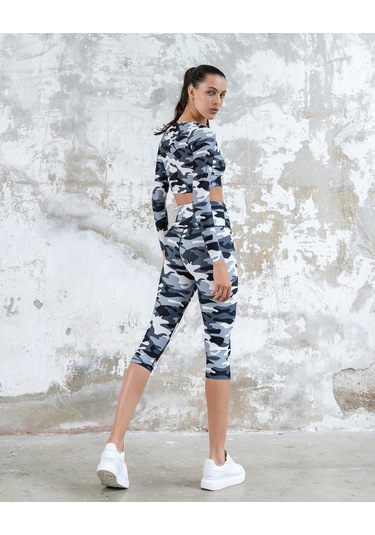 Kamuflaj Desen Toparlayıcı Spor Kapri Tayt Gri Kamuflaj