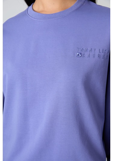 Tommy Life Eflatun Basic Pamuklu O Yaka Oversize Lastik Paça Kadın Eşofman Takım - 95287 Mor
