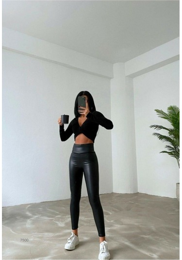 Tua Moda Yüksek Bel Toparlayıcı İçi Şardonlu Deri Tayt SiYAH