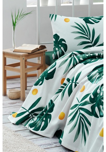 Tek Kişilik Doğal Pike Baskılı Monstera Yeşil Yeşil