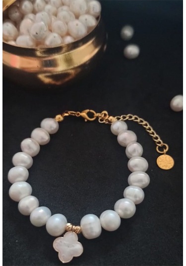 24k Altın Kaplama Gerçek İnci Sedef Yonca Detaylı Şık Bileklik Be Gold