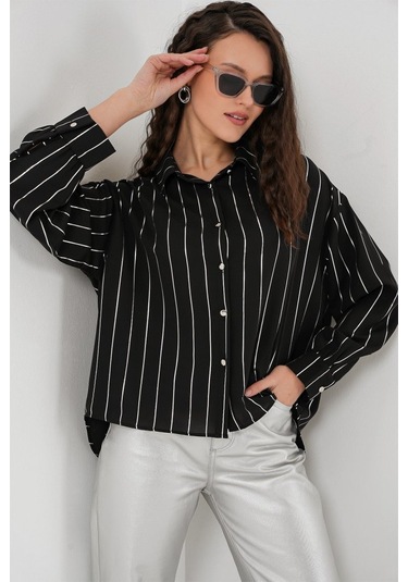 Gülsüm Aydın 5924 Gümüş Çizgili Gömlek - Siyah Siyah