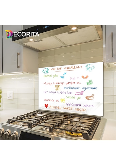 Decorita Renkli Mutfak Kuralları  Cam Ocak Arkası Beyaz 49,5x76cm