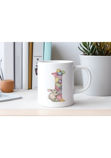 I Harfli Tavşan Kupa - Patchwork / Yamalı Desenli İsme Özel Kupa - Pastel Vintage Tarz Hediyelik Beyaz