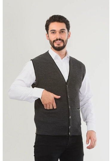 Kamalı Gri Erkek V Yaka Triko Düğmeli Cepli Çizgi Desenli Regular Fit Tüylenmeyen Örgü Yelek Gri