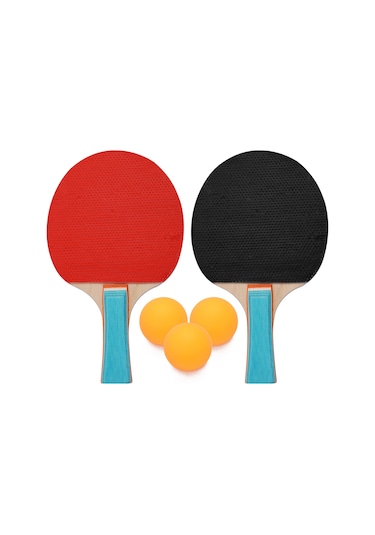 Ranyeek 2 Oyuncu Ping Pong Seti: 2 Adet Ahşap + Kauçuk Raket Ve 3 Top, Renkli Saplı Spor Eşyası