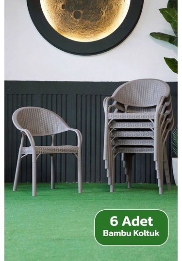 Alezy Bambu Rattan Kollu Koltuk 6 Adet Gri
