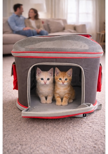 Premium Fileli Gri-kırmızı Kedi Taşıma Çantası