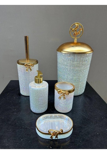 Lux Beyaz Cam Yuvarlak Banyo Set Gold