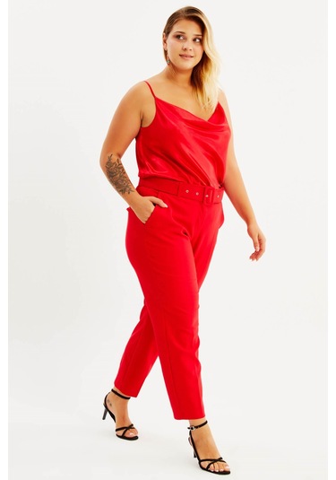 Cep Detaylı Kemerli Klasik Pantolon - Kırmızı