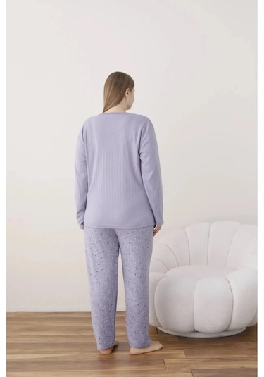 Lukitus İnterlok Pamuk Battal Büyük Beden Kadın Pijama Takımı İntbbm Mor