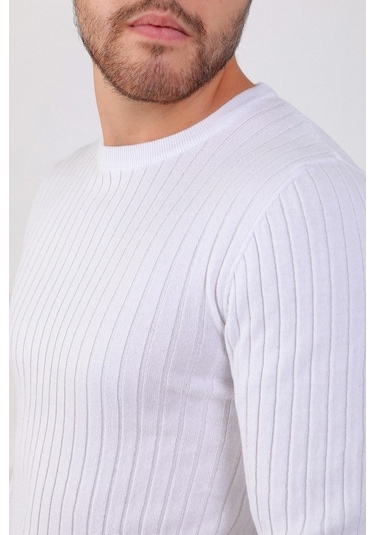 Ferraro Beyaz Bisiklet Yaka Fitilli Erkek Kazak Beyaz