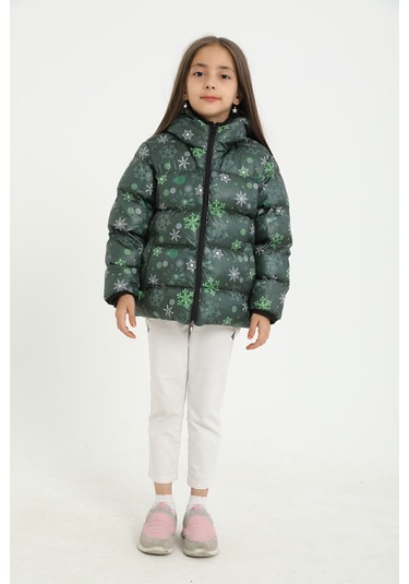 Freemen Kız Çocuk Yeşil Kar Tanesi Desen Polar Su Ve Rüzgar Geçirmez Kapüşonlu Şişme Kışlık Mont Yeşil
