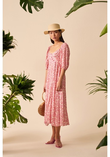 Düğme Detaylı Midi Elbise Beyaz