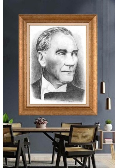Altın Varaklı Çerçeveli Paspartulu Atatürk Tablo Hk3107