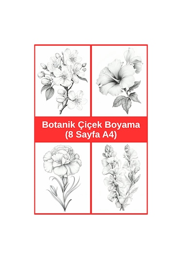 Botanik Çiçek Boyama Sayfaları 5, 8 Adet A4 Boyut .