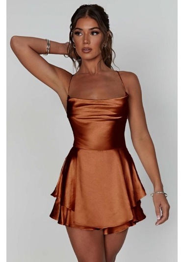 Yaz Kadın Elbise Kısa Seksi İnce İnce Sırtı Açık Düz Renk Askılı Elbiseler Koyu Kahverengi