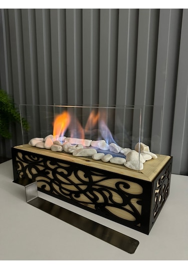 Esha Home Ahşap Masa Üstü Siyah Ahşap İşlemeli Bioethanol Şömine Sertifikalı Yakıt Ve Dekoratif Taş