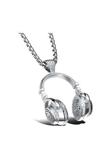 Kolye Erkekler Kulaklık Kolye Paslanmaz Çelik Uzun Zincir Kolye Çelik Altın Kolye Hip Hop Takı Boyun Asılı Altın - Beyaz