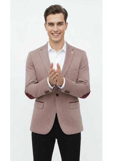 Plus Scorpion Açık Pembe Erkek İtalyan Kesim Blazer Ceket Kol Yamali, Slim Fit, Şık Ve Modern Tasarım Pembe