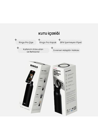 Ringo Pro Manyetik Telefon Tutuculu Termal Paslanmaz Çelik Su Şişesi Pipetli Kapak 24 Oz / 710 Ml Siyah