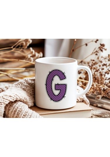 G Harfi Mor Puantiyeli Kupa Bardak - Polka Dot Tasarım Kahve Çay Bardak - Kişiye Özel Hediyelik Beyaz