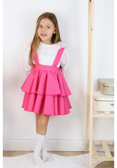 Kız Çocuk Helen Pembe Askılı Kat Kat Bağlama Jile Elbise Dantel Detay Ekru Uzun Kollu Bluz Takım