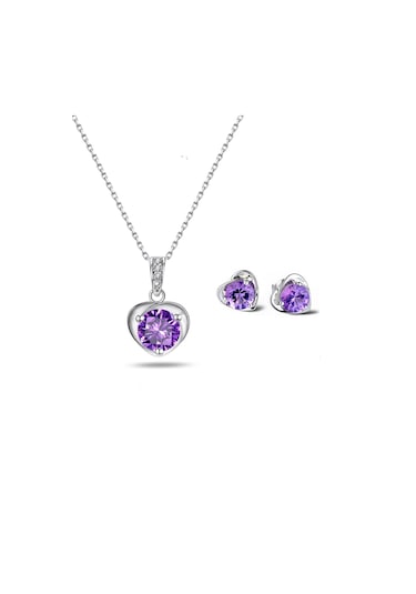 Brezza Lusso Jewelry Ametist Taşı Kalp Kadın Gümüş Kolye Küpe Seti 45 CM