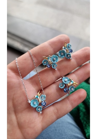 İthal Kuşlu Sedef Çiçekli Mavi Gümüş Set-8099