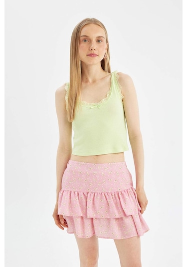 DeFacto Coool Desenli Yüksek Bel Maroken Mini Etek D1363AX24SMPN253 Pembe