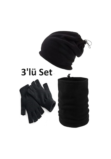 Eke Tekstil 3'lü Set Soğuk Geçirmez Termal Polar Boyunluk Bere ve Örgü Kesik Eldiven Siyah