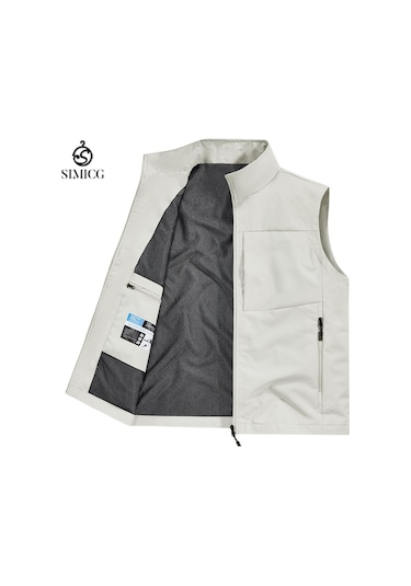 İlkbahar/yaz Erkek Günlük Çok Cepli Yelek, Bol Kesimli Su Geçirmez Hızlı Kuruyan Ceket, Dik Yaka Yelek Beyaz