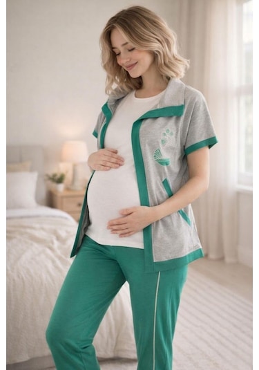 Mecit Pijama Mecit 6352 Yeşil 3'lü Hamile Lohusa Pijama Takımı