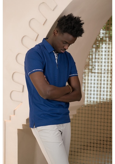 Paul Martin Regular Fit Yaka Garnili Pamuklu Polo Yaka T-shirt İndigo