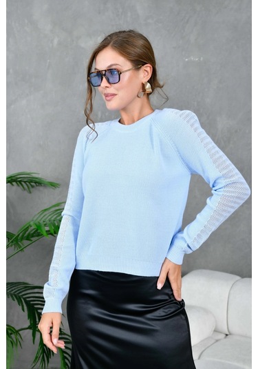 Kadın Bisiklet Yaka Kolları Ajurlu Basic Triko Kazak Bebe Mavi