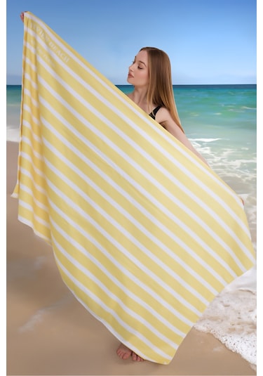 Çizgili Dijital Baskılı 100x180 Cm Plaj Havlusu Plaj Çantası+bon Sarı