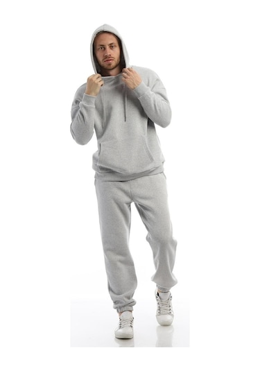 Erkek Kapüşonlu Kanguru Cepli Sweatshirt Gri Melanj