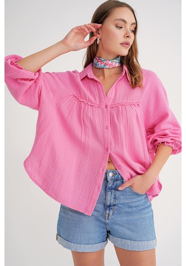 4677 Kadın Dantel Detaylı Müslin Gömlek Pembe Pembe