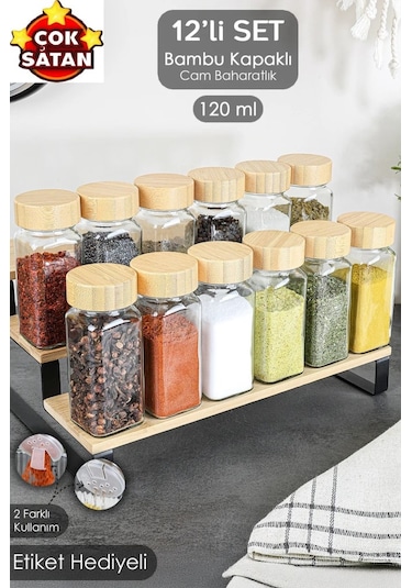 12 Li Bambu Kapaklı Kare Formlu Cam Baharatlık Seti 120ml 16 Adet Etiket Hediye Bambu