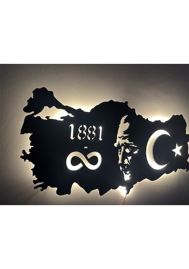 Özel Atatürk Ve Türkiye Haritası Led Işıklı Tasarım Tablo Ahşap D