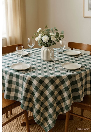 Mira Home Kareli Masa Örtüsü Sofra Bezi 160x160 Cm Happytime Yeşil