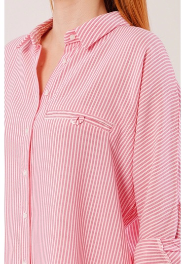 Cep Detay Çizgili Oversize Pembe Gömlek Pembe