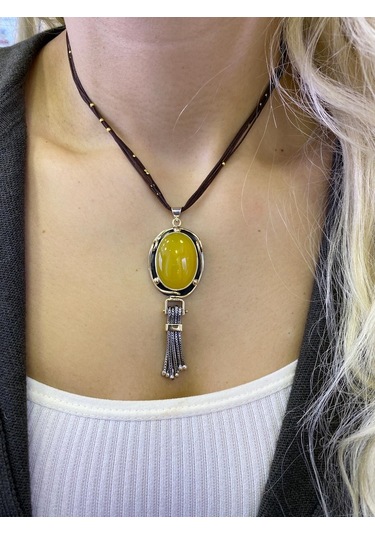 Sarı Akik Taşlı Gümüş Kolye 925 Ayar 512655439