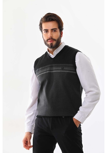 Pelikan Erkek Desenli V Yaka Süveter 9602 Siyah