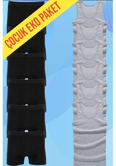 Tezzgelsin Erkek Çocuk Pamuklu Penye 6 Atlet 6 Boxer Gri Siyah